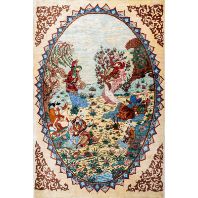 Mehreen Carpets Dubai Mall: Intricate Persian carpet, vibrant scene of dancing figures, musicians, floral patterns, ornate border.