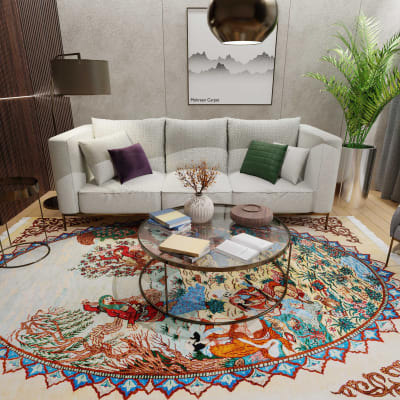 Mehreen Carpets Dubai Mall: Luxurious living room with vibrant Persian-style carpet, modern glass table, chic decor.