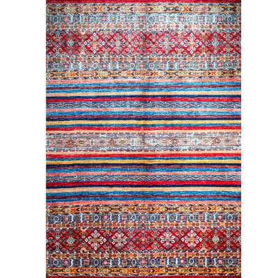 Mehreen Carpets Dubai Mall: Vibrant, multicolored geometric and striped rug with intricate patterns, rich hues, decorative design.