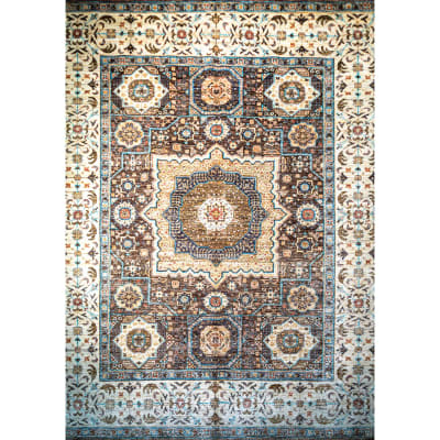 Mehreen Carpets Dubai Mall: Intricate Persian rug with floral motifs in blue, brown, and beige, ornate medallion center.
