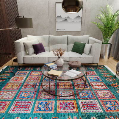 Mehreen Carpets Dubai Mall: Vibrant geometric patterned rug, modern living room, glass coffee table, plush sofa, decor accents.