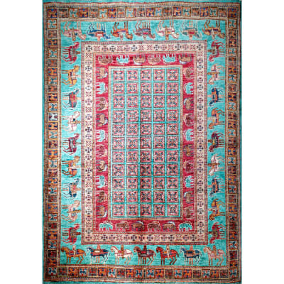 Mehreen Carpets Dubai Mall: Colorful geometric carpet with horse, elephant motifs on blue-red background. Elegant design.