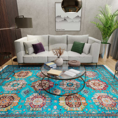 Mehreen Carpets Dubai Mall: Elegant living room, vibrant turquoise carpet, modern sofa, glass table, plant decor.