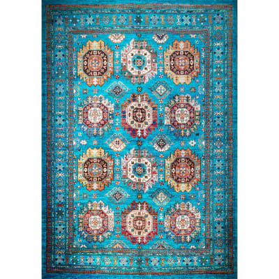 Mehreen Carpets Dubai Mall: Vibrant turquoise rug with intricate geometric patterns and colorful medallions.