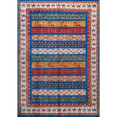 Mehreen Carpets Dubai Mall: Colorful striped carpet with intricate animal and geometric patterns.