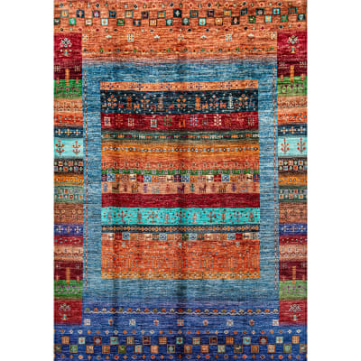 Mehreen Carpets Dubai Mall: Vibrant geometric rug, red, blue, green patterns, intricate motifs, traditional design.