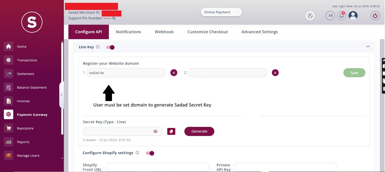 Sadad Payment Panel Configuration
