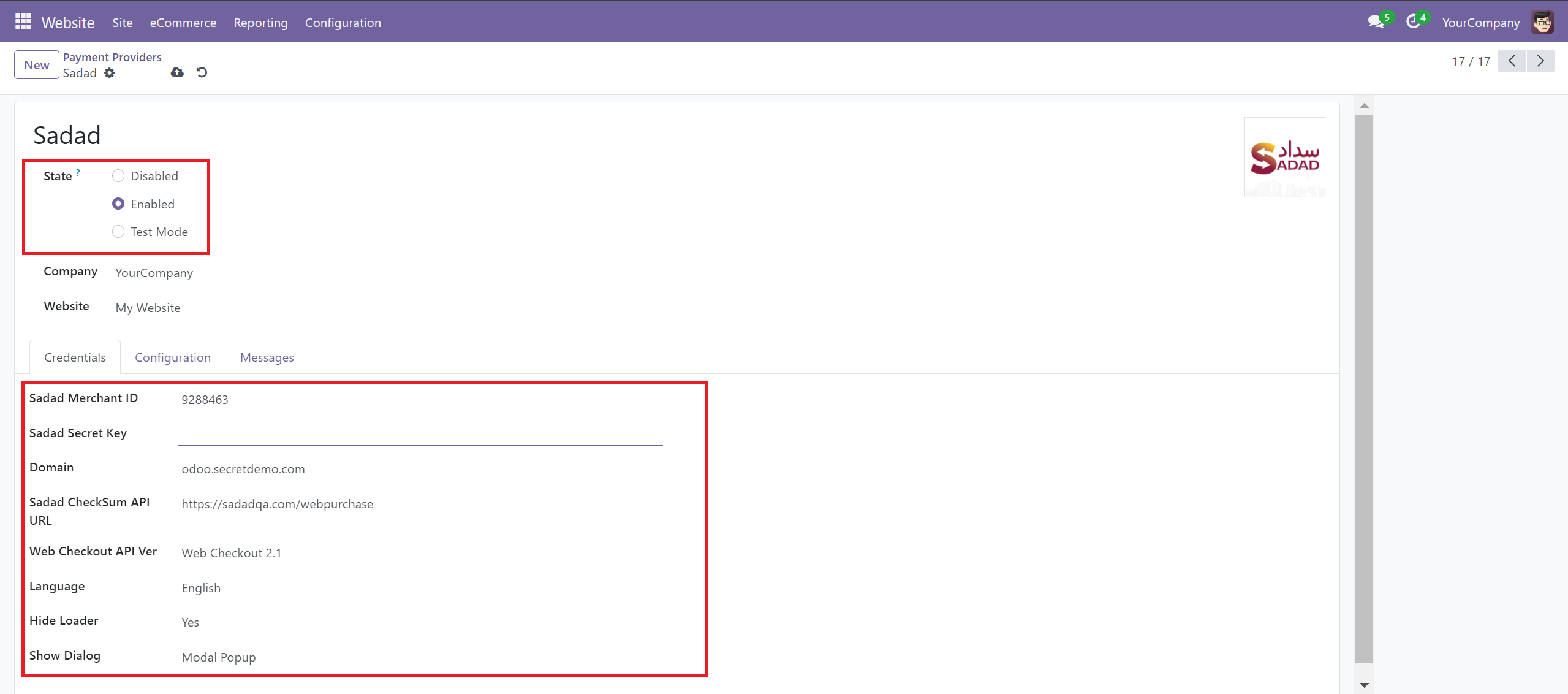 Sadad Payment Configuration in Odoo
