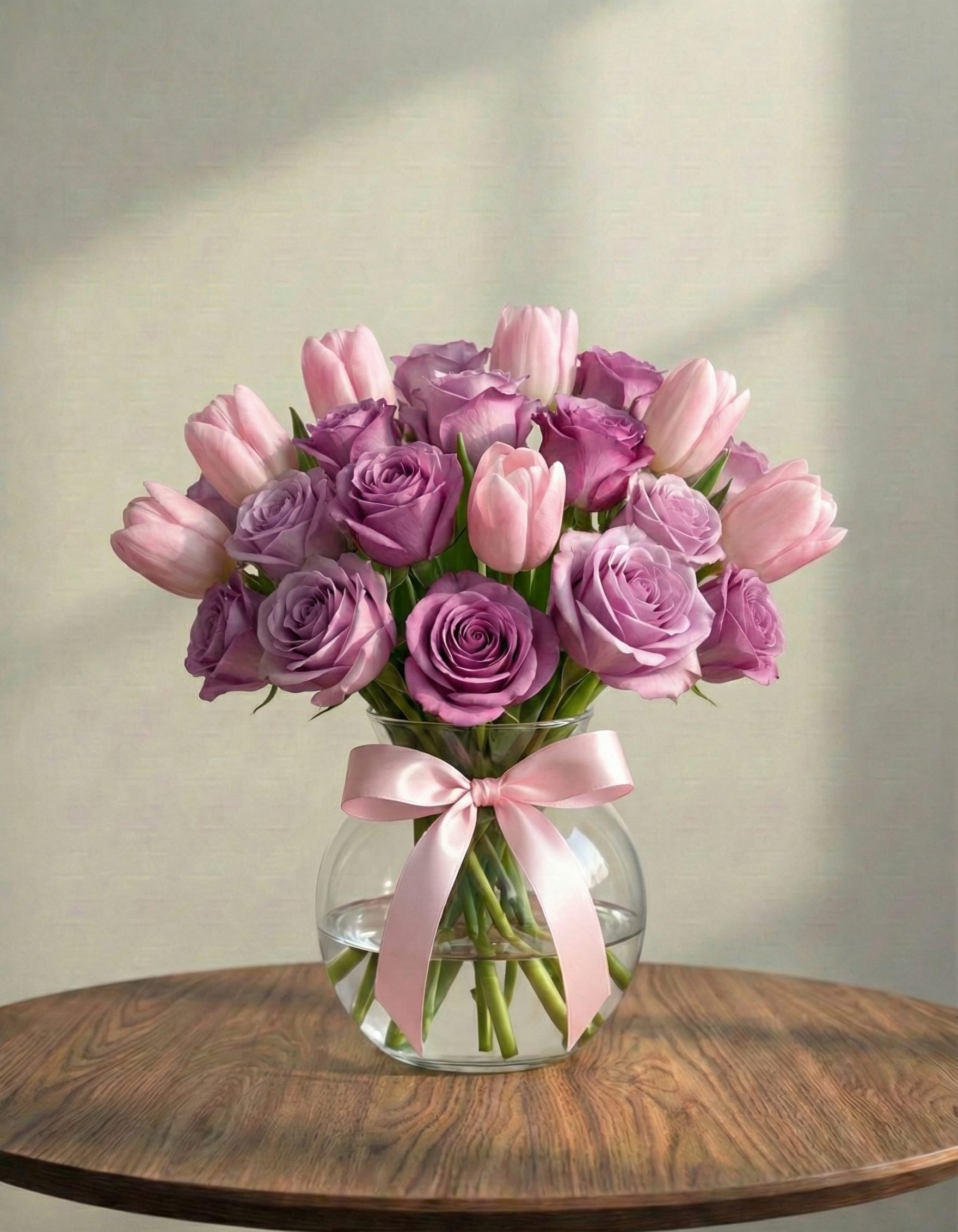 مزهرية زهور الجوري والتوليب الأنيقة