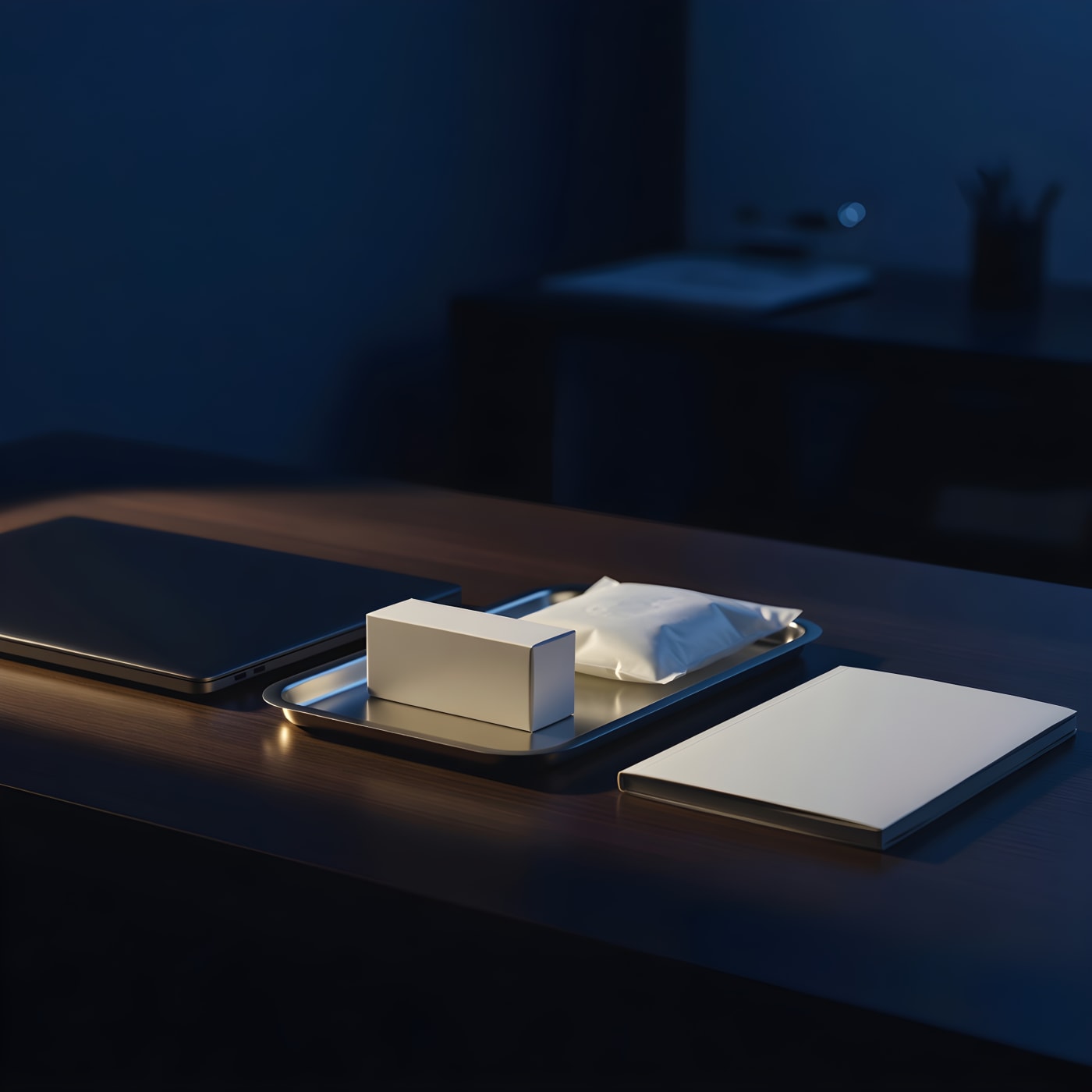 Consultório à noite: sobre a mesa, um notebook fechado, uma caixa lisa de canetas aplicadoras, uma bandeja de inox com uma bolsa de gelo e um caderno fechado, iluminados por uma única luz quente.