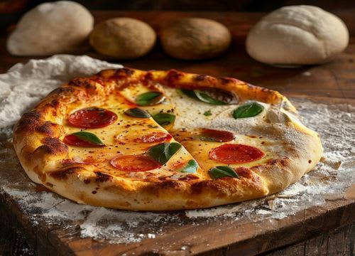 Pizza com massa elástica e bolas de massa crua