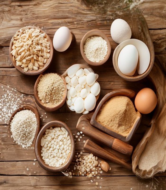 Vista de cima de ingredientes de panificação saudável e utensílios de técnica