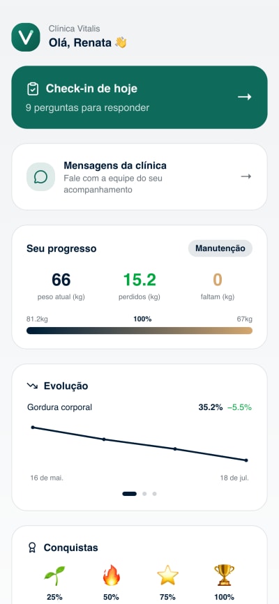 Portal da paciente no celular, com a marca da clínica: Renata · quase na meta.