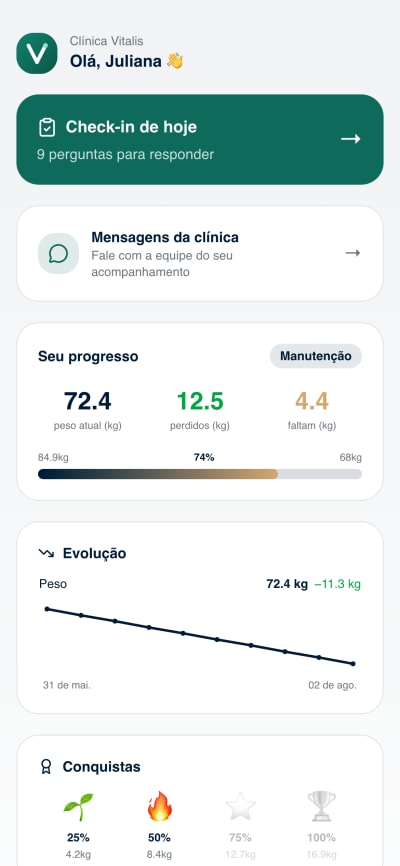 Portal da paciente no celular, com a marca da clínica: Juliana · fase 4.
