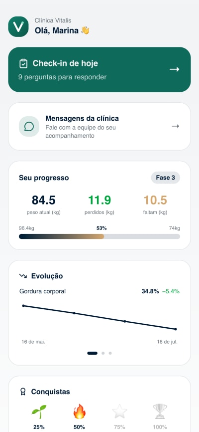 Portal da paciente no celular, com a marca da clínica: Marina · fase 3.