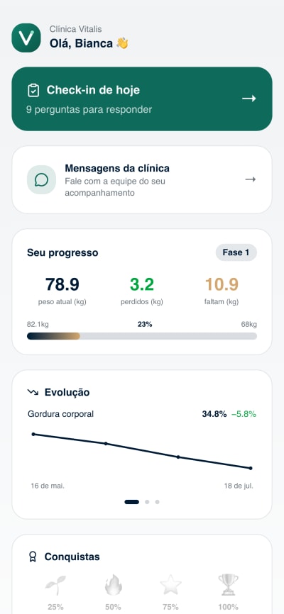 Portal da paciente no celular, com a marca da clínica: Bianca · começando agora.