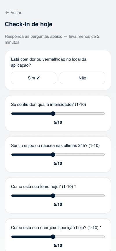 Portal da paciente no celular, com a marca da clínica: Perguntas com regra de alerta.