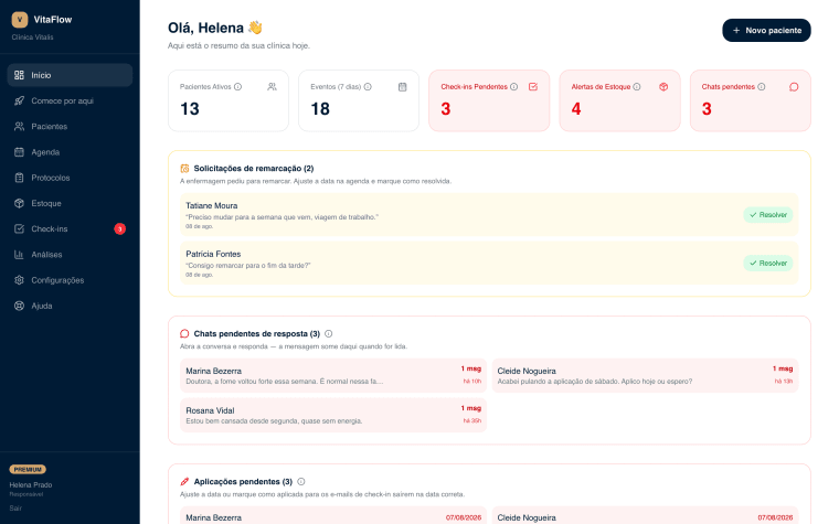 Tela inicial com os alertas do dia.