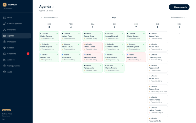 Agenda semanal com consultas, aplicações e retornos, cada card com o medicamento e a dose.