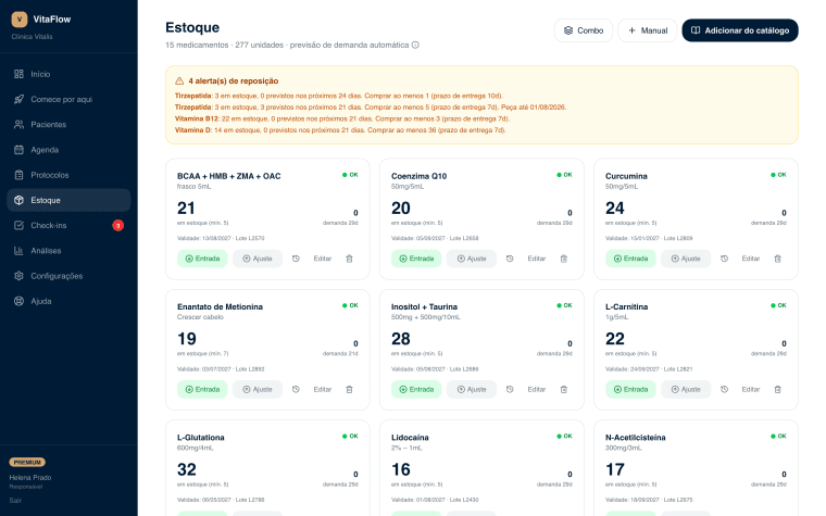 Estoque com previsão de demanda e alertas de reposição.