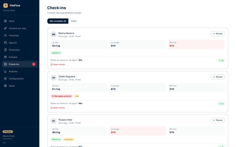 Caixa de entrada dos check-ins, com os não revisados destacados.