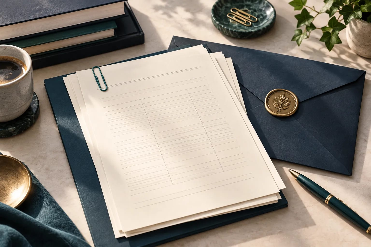 An academic folder, blank transcript sheets and a navy envelope arranged for an application.
