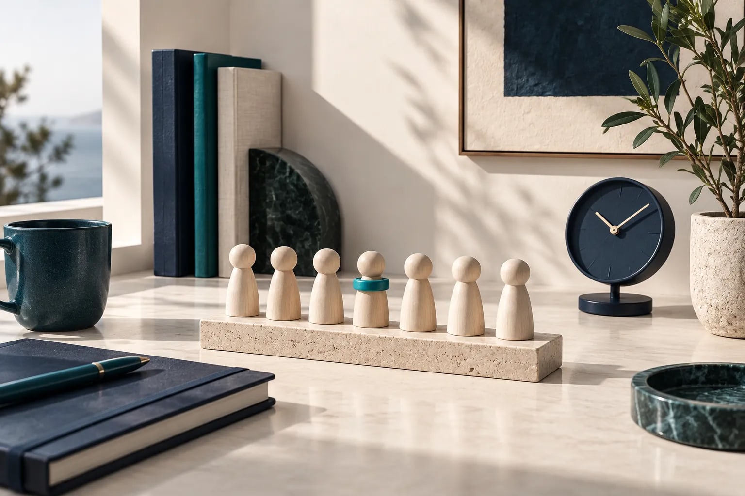 A teal ring marks one of seven wooden pegs beside a navy desk clock.