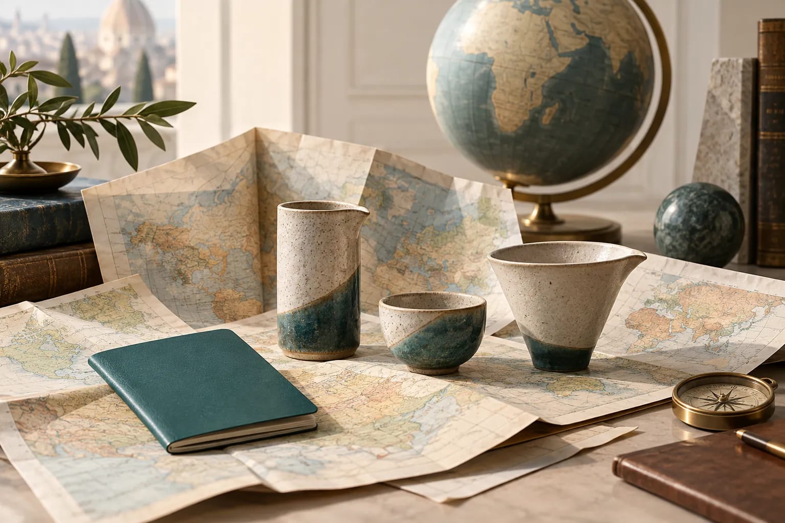 Different ceramic measuring vessels sit on folded maps beside a globe and teal booklet.