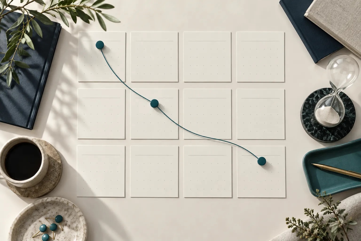 Teal thread connects selected blank calendar cards on a planning board.