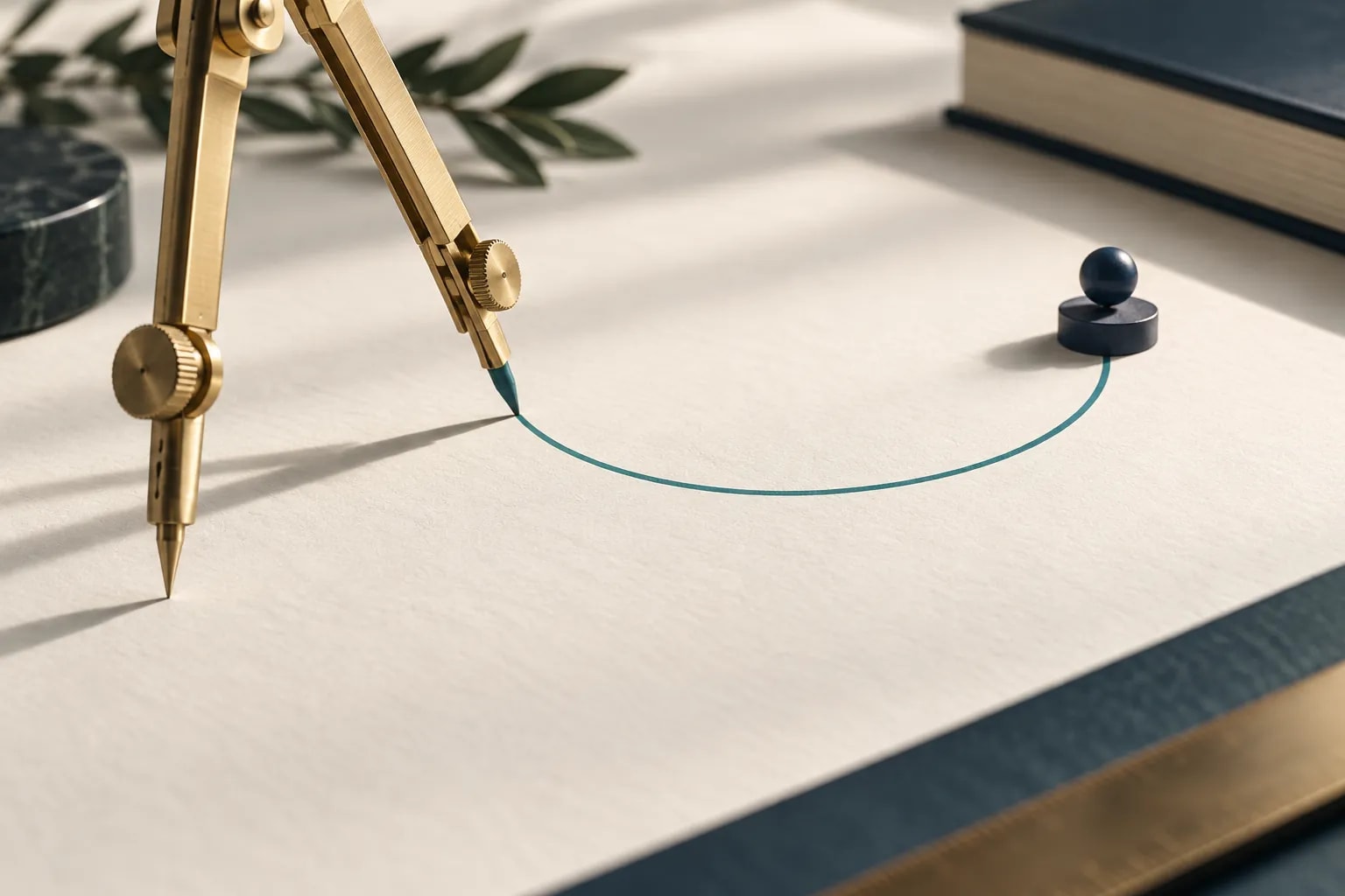 A brass compass draws a teal arc towards a small navy marker.