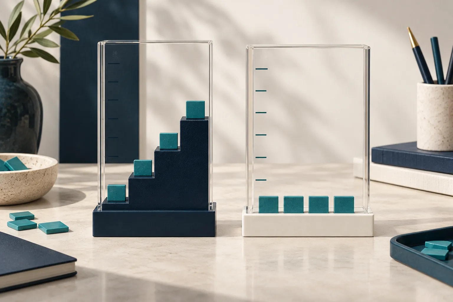 Two transparent frames show teal blocks on stepped and level bases.