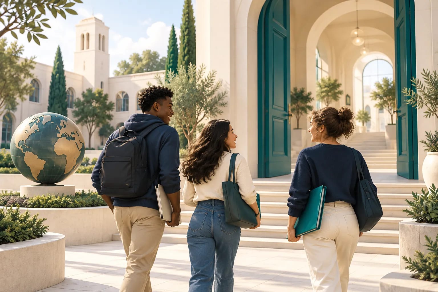 Students carrying academic folders towards an open university entrance in a sunlit courtyard.