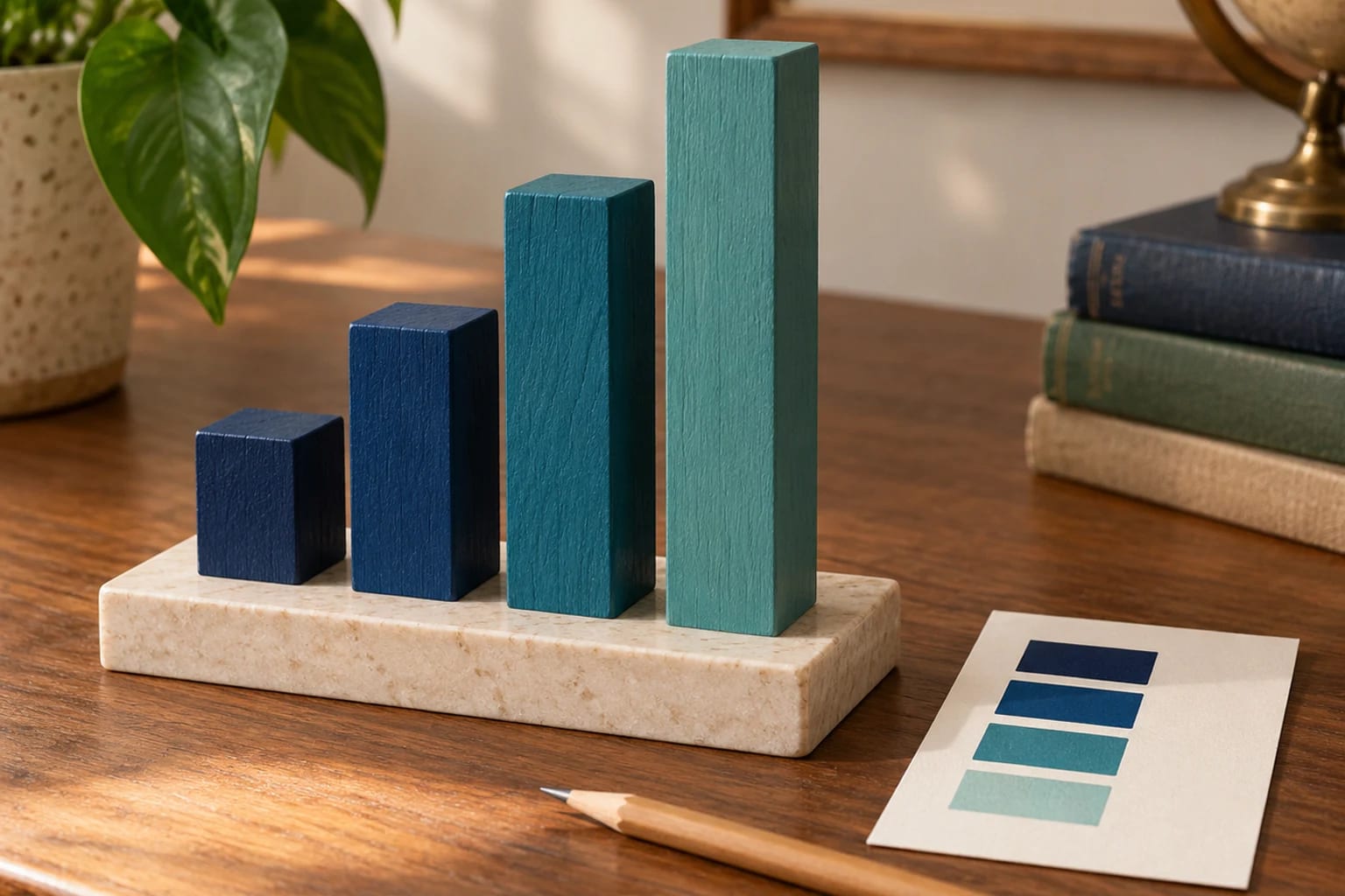Four wooden columns of different heights stand beside a matching colour key.
