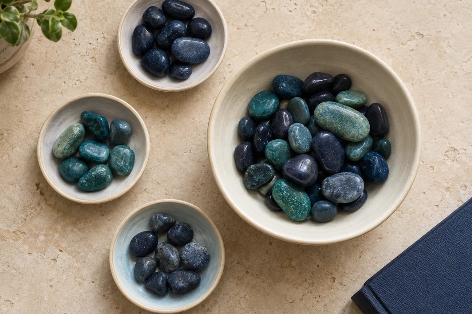 Small dishes of pebbles sit beside a larger bowl containing a combined collection.
