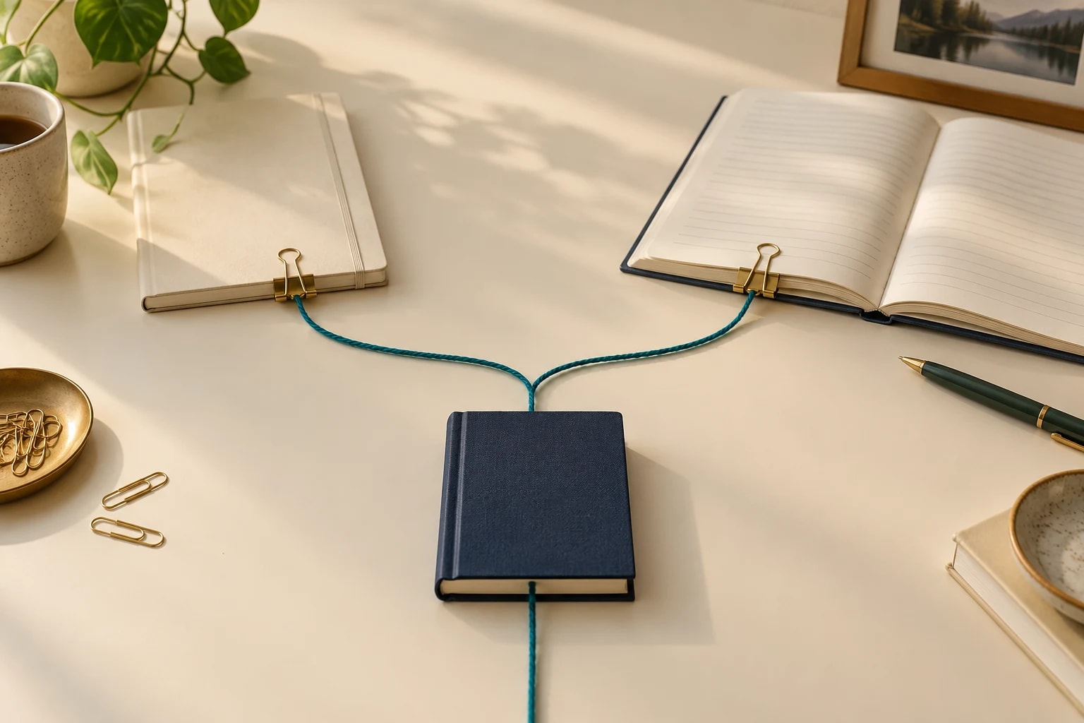 Teal thread branches from a navy notebook towards two separate notebooks.