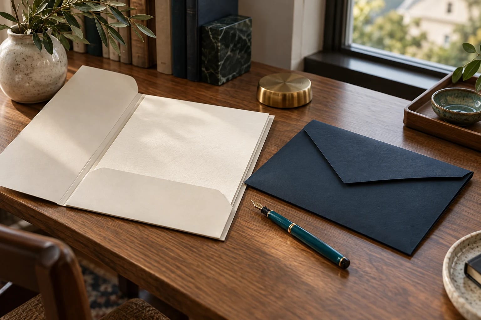 Cream document sleeves and a navy envelope beside a teal fountain pen.