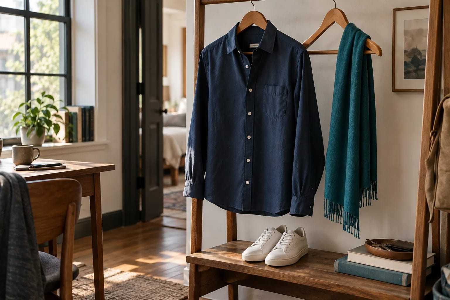 A neatly pressed navy shirt and simple teal scarf on wooden hangers with clean shoes on a bench, warm natural light, no luxury branding.