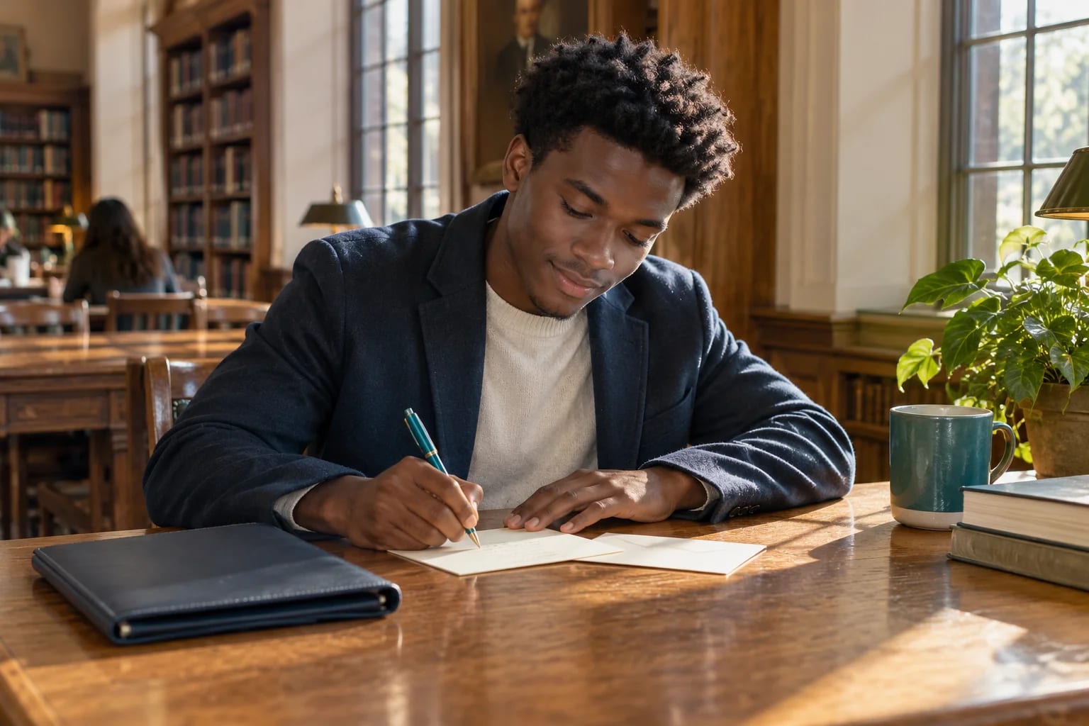 A student writing a short note at a sunlit library desk.