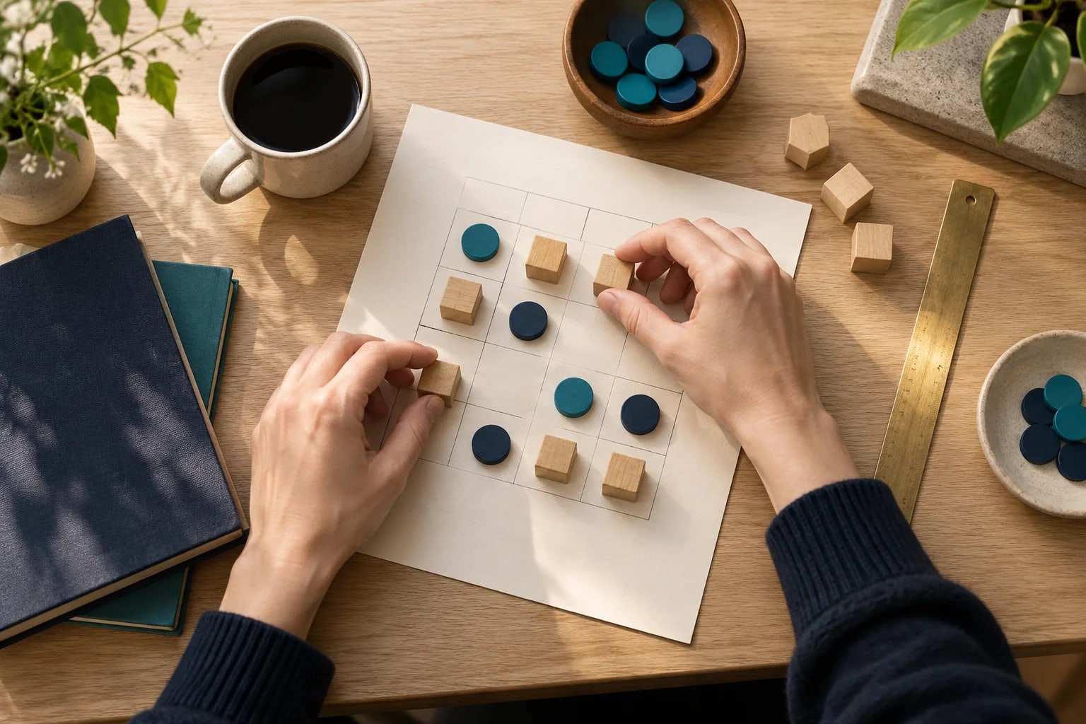 Hands arranging wooden blocks and coloured counters on a planning grid.