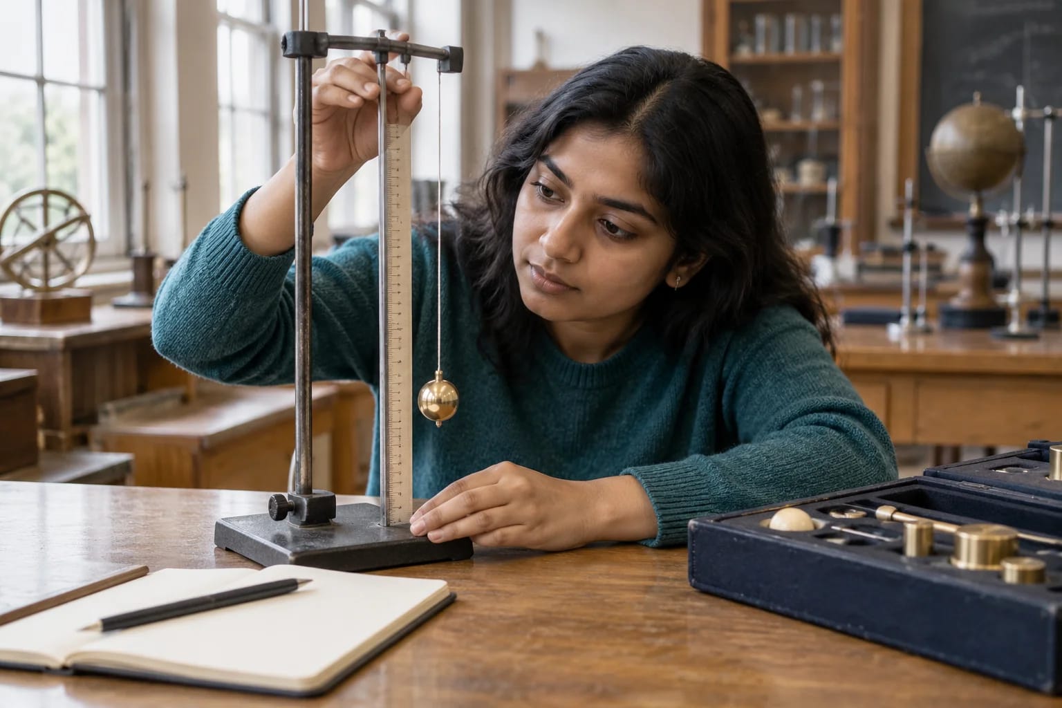 A student measuring a pendulum in a teaching laboratory.