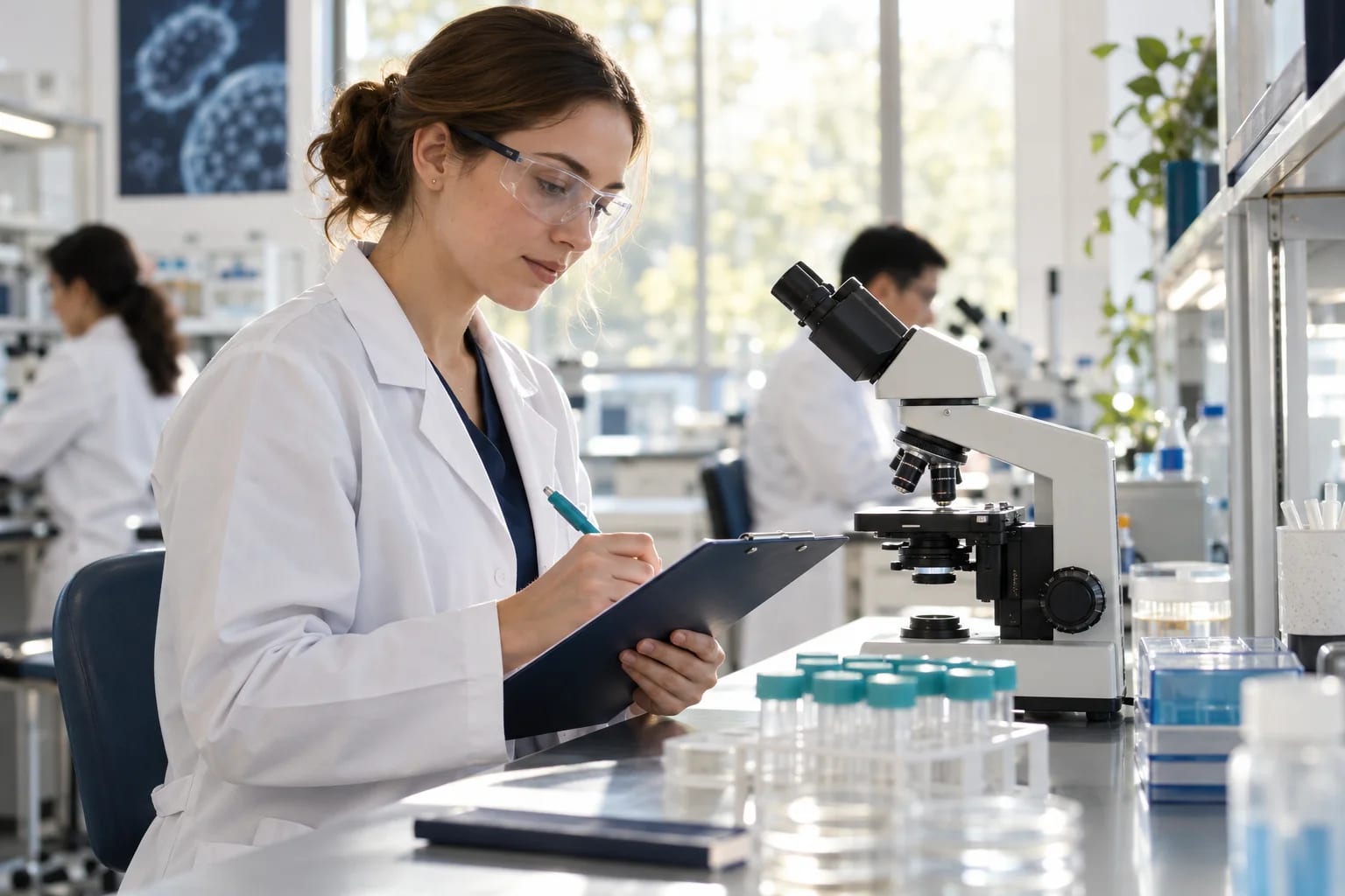 A graduate recording observations beside a laboratory microscope.