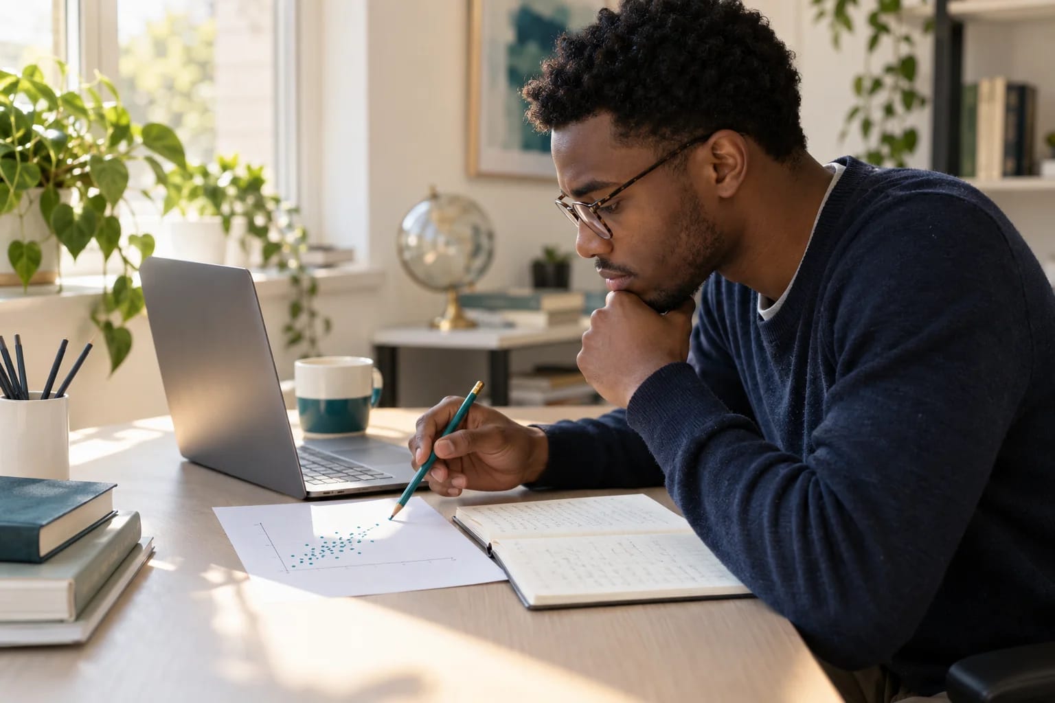 An analyst checking a plotted outlier against a notebook.