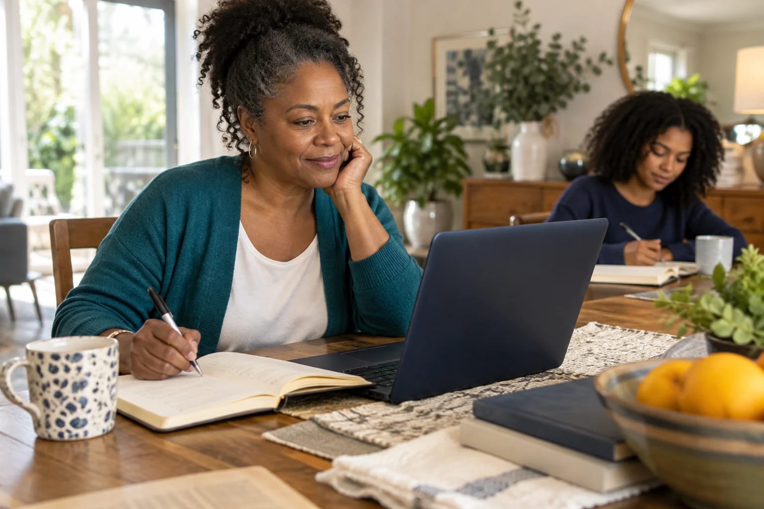 A mature student studying at a home table with another learner in the background.