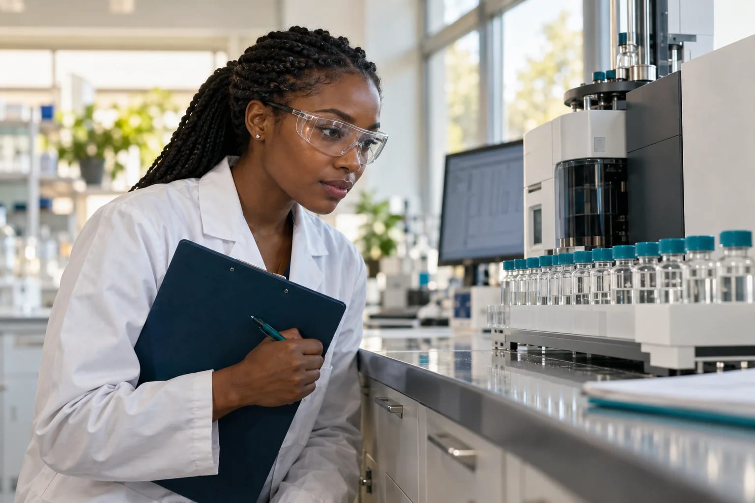 A chemistry graduate studying sealed sample vials beside an analytical instrument.