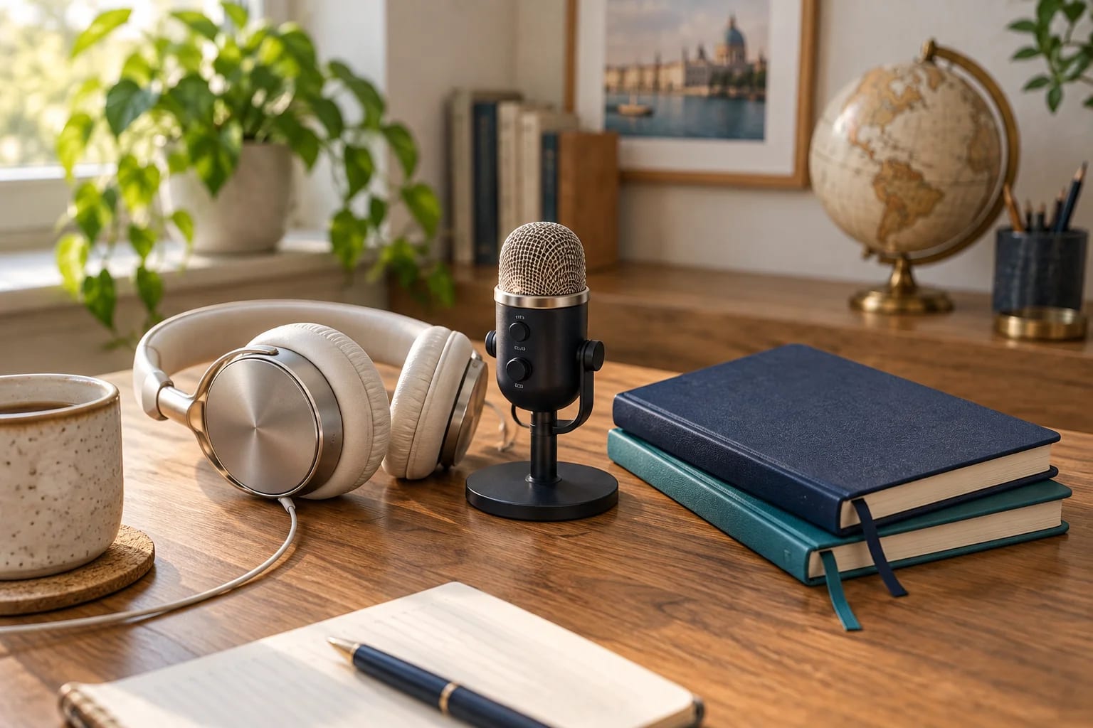 Headphones and a microphone beside navy and teal notebooks.
