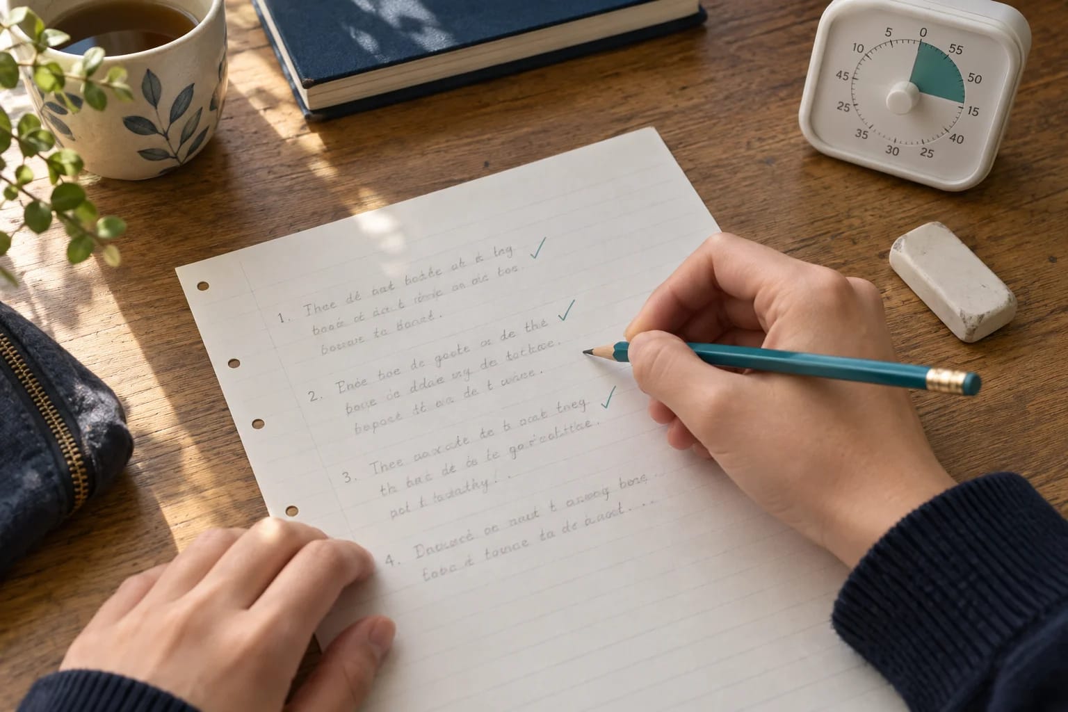 A student checking practice answers beside a timer.
