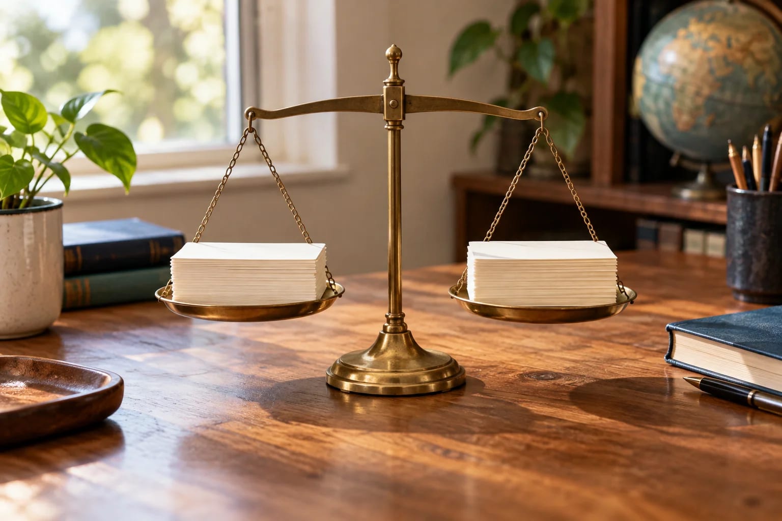 Two stacks of blank cards on a brass balance scale.
