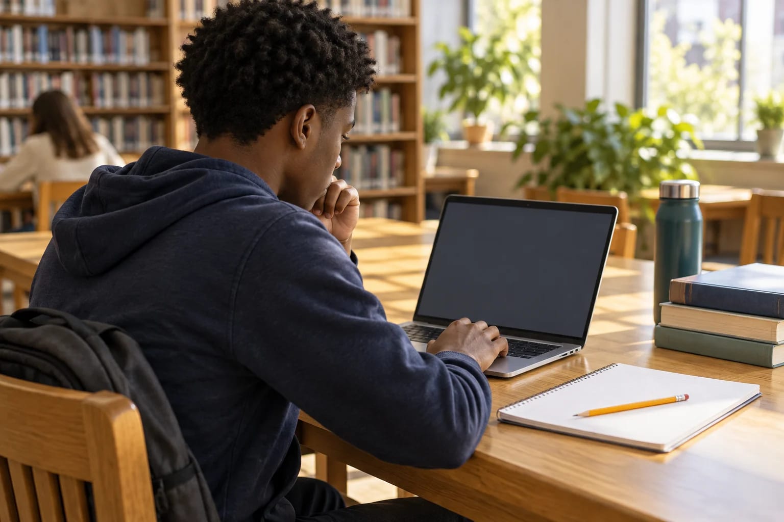 A student practising on a laptop at a library table.