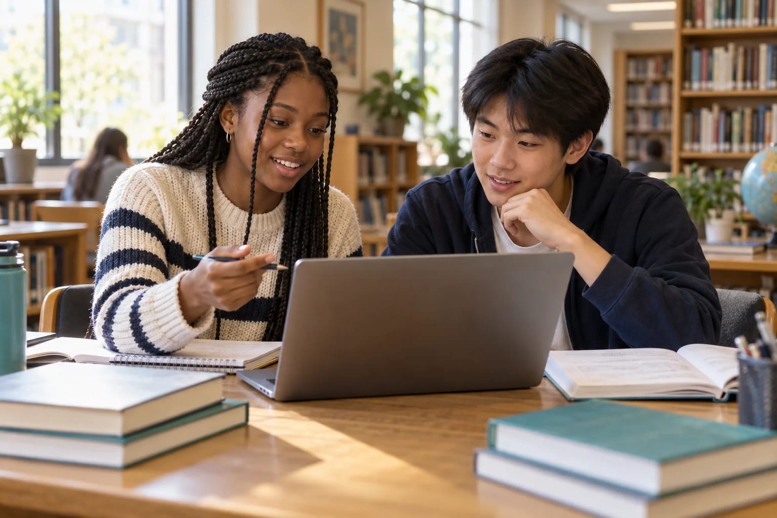 Two students working together on a laptop in a library.