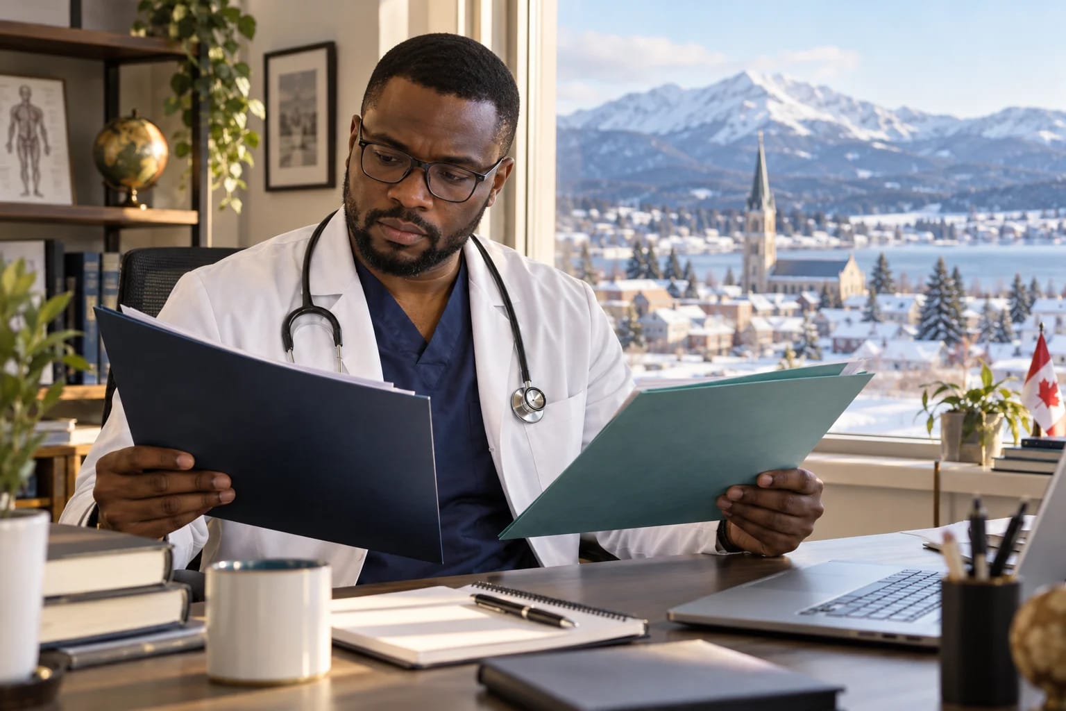 Doctor reviewing qualification folders beside a Canadian winter view